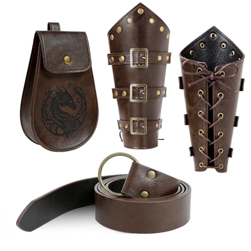 3PCS Renaissance Accessories – Viking Renaissance Belt, Medieval Pouch & Leather Bracers for Halloween