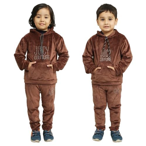 HRIKSHIKA FASHIONKids Tracksuit Unisex Velvet Jogger Set Hoody Tops + Sweatpants Outfits (IN, Age, 3 Years, 4 Years, Regular, Brown)