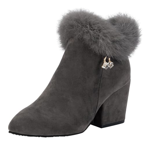 YHTRFDMSG Women's Suede Chunky Heeled Fluffy Fur Warm Ankle Boots, Women's Fashion Comfortable Chunky Heel Ankle Boots Pointed Toe Dressy Booties (3,Grey)