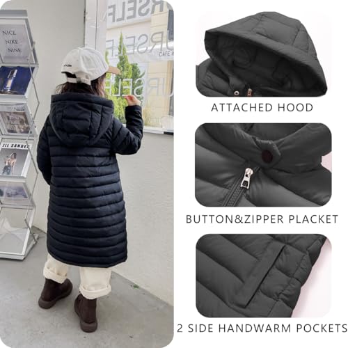 Image of Boys Girls Long Lightweight Hooded Puffer Jacket Packable Autumn and Winter Long Down Coats