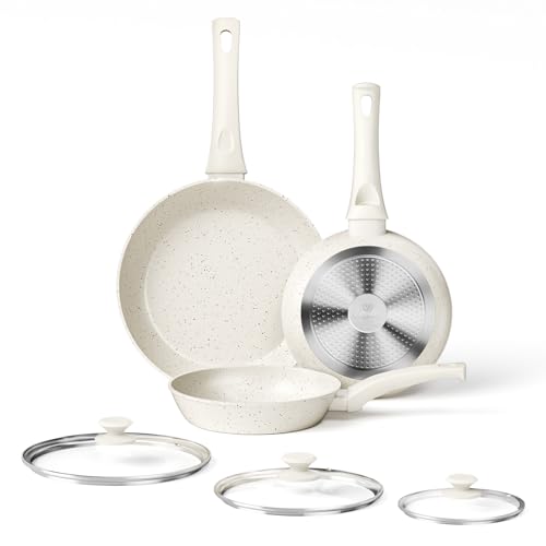 Innerwell Juego de 3 sartenes antiadherentes 20 + 24 + 28 cm con tapa, sartén de inducción con revestimiento antiadherente cerámico, sin PFOA, apto para horno y lavavajillas, Blanco