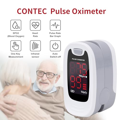 Image of CONTEC CMS50M Fingertip Pulse Oximeter SpO2 and PR Value Blood Oxygen Monitor Neck /Wrist Cord LED Display Gray White color (Gray)