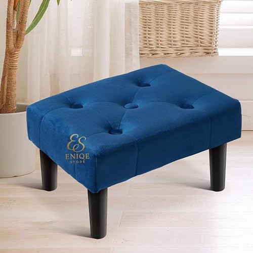 Image of Velvet Footrest Ottoman Stool Set of 2 - Padded Small Bench with Wooden Legs, Modern Pouffe for Living Room, Bedroom & Office - Multipurpose Foot Stool B (Blue)