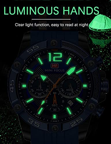 Image of MF MINI FOCUS Men Watch, Chronograph Waterproof Sport Analog Quartz Watches Blue Silicon Strap Fashion Wristwatch for Men
