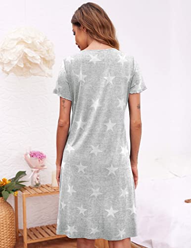Image of Ekouaer Women's Nightshirt Short Sleeve Button Down Nightgown V-Neck Sleepwear Pajama Dress