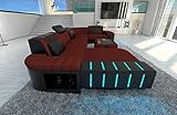 Sofa Bellagio U Form Stoffsofa Wohnlandschaft - mit LED Beleuchtung, verstellbare Kopfstützen, Recamiere/Mikrofaser/Ausrichtung wählbar (Ottomane Links, Dunkelrot-Schwarz C98)