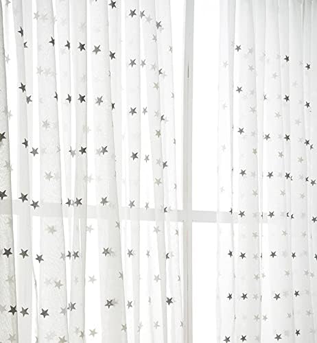 HooHero Gray Simple Style Nursery Star Pattern Embroidered 2 Panels Sheer Curtains Window Treatments Rod Pocket Top Style