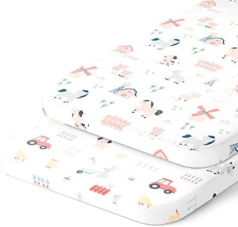 Bassinet Sheets 20x30 Inch for Graco Travel Lite Crib, Sense2Snooze, My View 4 in 1, Dream Suite and Guava Bassinet – 100% Jersey Cotton Fitted Sheets – Farm Animals – 2 Pack