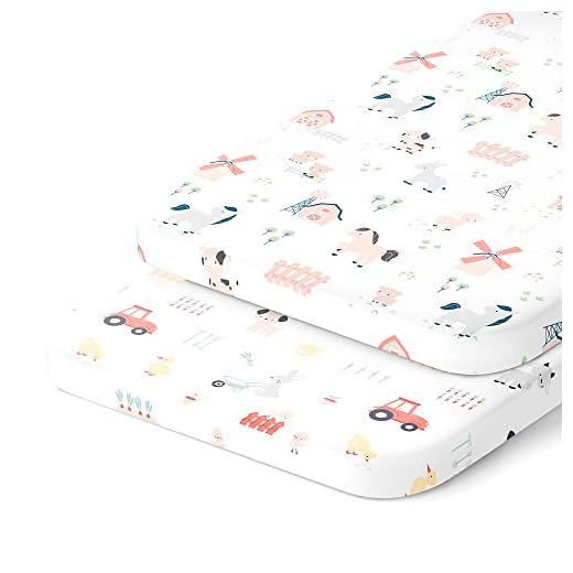 Cradle Sheets Fitted 18 x 36 Inch – Snuggly Soft 100% Jersey Cotton – Farm Animals – 2 Pack