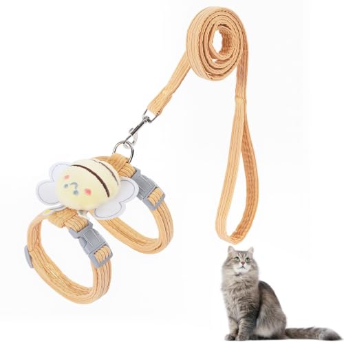 Arnes Gato Antiescape con Correa 120cm, Arnes para Gatos Pequeños y Cachorros de Pana Suave, Ajustable y Ligero, Pechera para Gatos de 1.2-4kg, Diseño de Abeja Amarilla