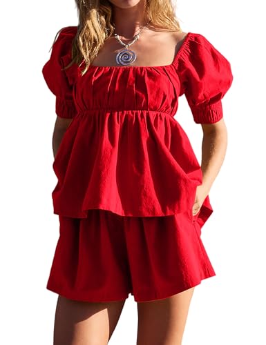 Two Piece Short Sets for Women 2025 Short Puff Sleeve Tie Back Babydoll Tops and Shorts Cute 2 Piece Vacation Outfits