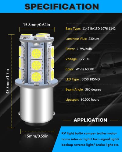 Qoope 6-Pack 1076 Led Bulb For Rv, 1142 1004 Ba15D White Light Bulb Replacement For 12V Camper Trailer Motorhome Boat Interior Light, 5050 18Smd Double Contact Bayonet,#90 Yard Landscape Bulb #TOP1