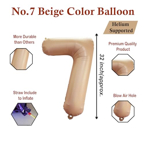 Image of Solid Beige 7 Number Foil Balloons 32 inch 7th Birthday Party Decoration Helium Supported