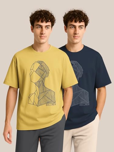 Image of BULLMER Trendy Half Sleeve Oversized Cotton Blend Crew Neck Tshirt for Men - Pack of 2