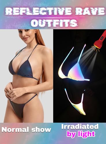 Reflective Rave Outfits for Women - Sexy Shiny Festival Halter Triangle Top Thong EDM Night Metallic Bikini Set2