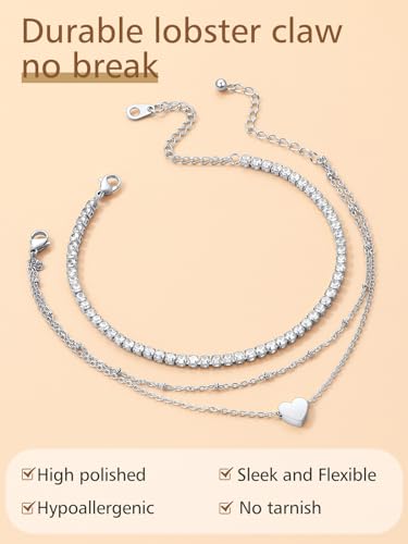 Image of FindChic Black /Silver /Gold Plated Anklets Set of 2PCS /3PCS Herringbone Chain Cuban Link Heart Charm Sparkling Tennis Ankle Bracelets, Waterproof Summer Foot Jewelry for Beach