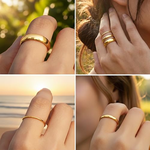 Size 7 Gold Wedding Band Rings for Women Statement, 14K Gold Plated Non Tarnish Rings Set for Stackable, Simple Thin Bands Comfort Fit 3Pcs 1mm 3mm 5mm by Poxtex - Used condition - Image 7