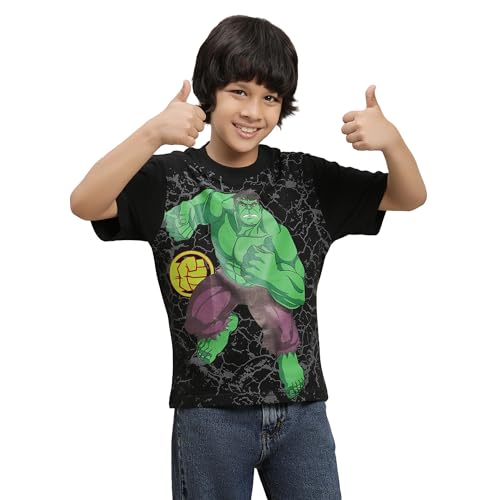 Image of Kidsville Hulk Printed Regular Fit Black Cotton Boy's T-Shirt