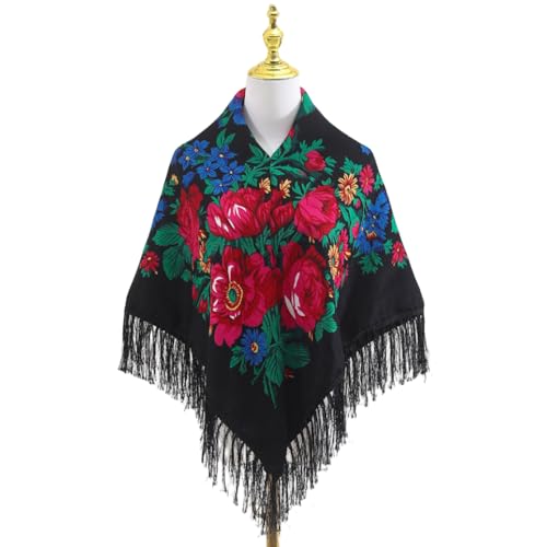 Women's floral fringed shawl for autumn and winter. Black, white, blue multi-color retro style headscarf.