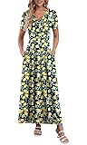 AUSELILY Maxi Dresses for Women Ankle Length Floral Print Beach Long Flowy Dress with Pockets Black Lemon L