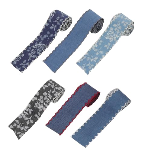 HAPINARY 6pcs Denim Fabric Ribbon Set 3.8cm Wide White, Red, Grey, Medium and Dark Blue Edging for DIY Sewing, Hair Accessories, Garment Trim, and Craft Projects