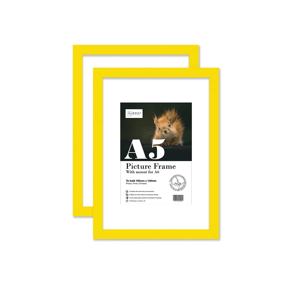Almost Frameless A5 Yellow Picture Frame Set of 2, Display A6 Pictures with Mount or A5 Without Mount Gallery Wall, Poster, Photo, Artwork, or Print, Yellow