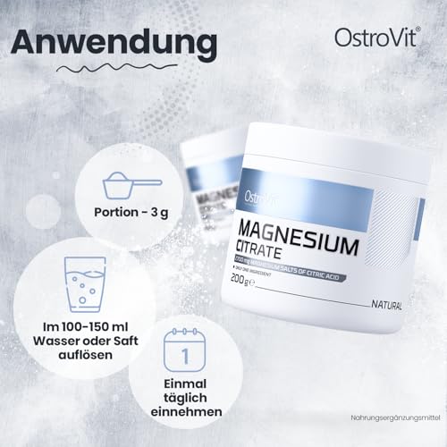 OSTROVIT Magnesium Citrate 1er pack 200g 74 Servings Portionen Magnesiumcitrat Keine Aromen und Farbstoffe Muskelkrämpfe Mudigkeit Nervensystem Gut Verfügbar