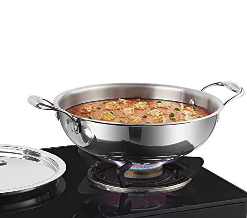 Image of Triply Stainless Steel Kadhai /Kadai with Steel Lid, 16cm,0.82 Liter Capacity, Induction Base, Silver