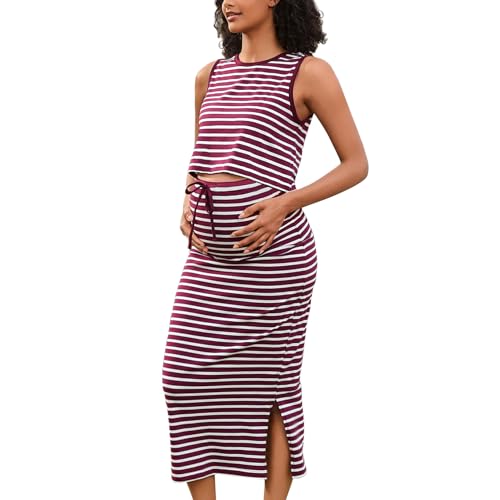 GINKANA Womens Maternity 2 Piece Outfits Striped Sleeveless Tank Top and High Waist Split Side Midi Skirt Set, Burgundy Red and White Stripes, Small