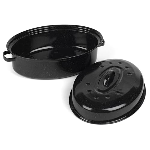 Salter BW12811EU7 Self-Basting Roaster – 38cm Vitreous Enamel Coated Steel Roasting Tin with Lid, Oval Dish, PFAS-Free, Dishwasher Safe, Oven Safe to 230°C, Easy Clean, Roast Meat/Vegetables, Black