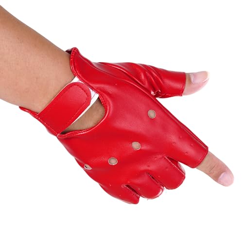 Men Fingerless PU Leather Gloves Driving Steampunk Gothic Half Finger Mittens Motorcycle Glove Outdoor Sport Costume (Red, One Size)