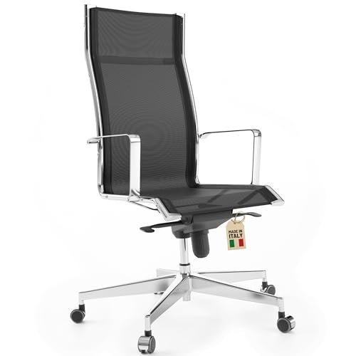 Bossberg Silla de Escritorio Ergonómica, Silla de Oficina Giratoria con Apoyo Lumbar, Sillón de Despacho Ajustable y Cromado, Diseño Italiano - Cromado Negro