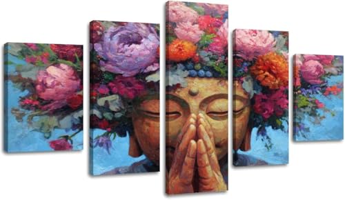 cyongshan Buddha Wall Art Modern Decor 5 Panel Canvas Artwork for Living Room & Home Religious Buddha Design Poster Print for Buddhist Believers Stretched and Framed