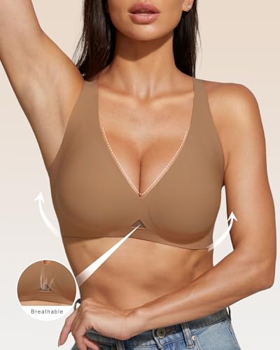 obind Women Deep V Jelly Bra Push Up Wireless Bralettes No Underwire Comfortable Supportive Plunge Brassiere Padded Seamless Tshirt Bras Lift Invisible Under Tight Shirts Coffee — view 3