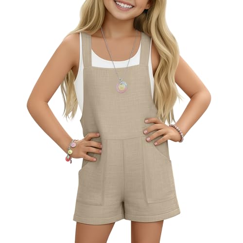 LessonZoo Girls Rompers Linen Sleeveless Jumpsuits 5-14 Years Overalls Shorts with Pockets Cute Teen Summer Clothes(Khaki 13-14 Years)