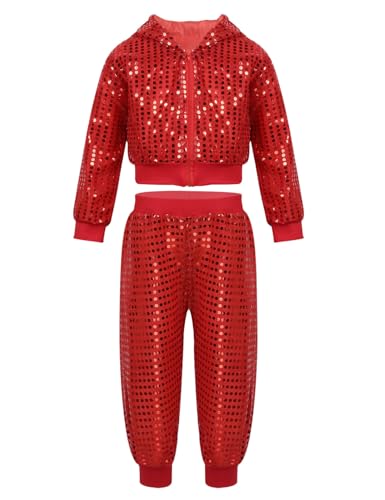 Riismen Vêtements De Danse Unisexes pour Garçons Et Filles Tenues Hiphop Jazz Ensemble Veste À Paillettes avec Capuche Brillant Pantalon Costume De Danse Rouge 12-14 Ans