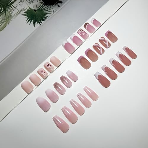 6 Packs (144 Pcs) Press on Nails Medium - Jsiallye Pink Gradient Press on Nails Square Coffin, Glue on with Nail in 12 Sizes - 24 Fake Nails Kit, French Tip Stick on Nails for Women - Image 8