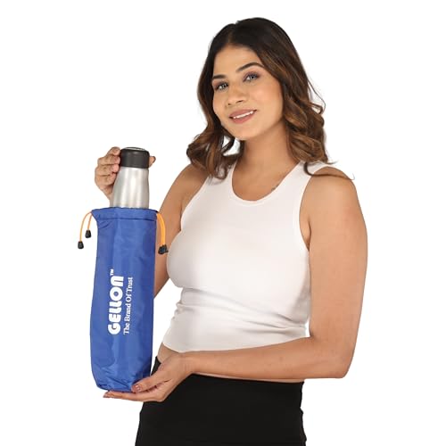 Image of Gellon Bottle Cover In Umbrella Cloth For 750 ML, 1 L to 1.5 Litre Water Proof Drawstring Closer For Travel, Hiking, Office & School Kids In Black Color (Blue)