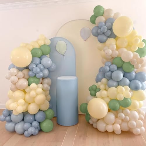 Image of Blue and Green Balloon Arch Kit 115Pcs Dusty Blue Sage Green Balloons Garland Slate Yellow Cream Nude Beige White Sand Birthday Party Balloons for Boys Bear Bee Honeycomb Baby Shower Decorations