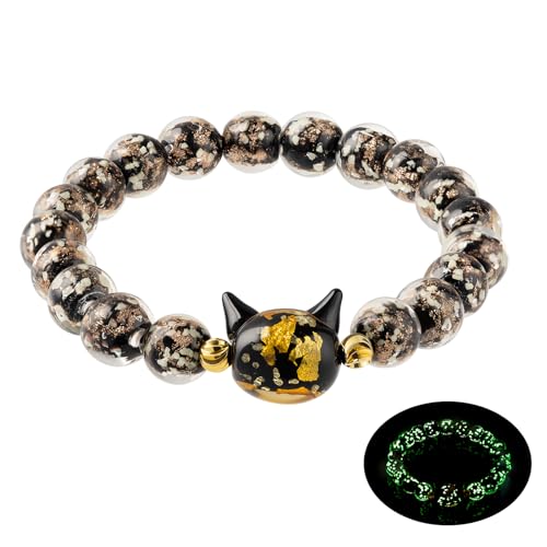 Firefly Glass Beads Bracelet, Cute Money Attract Cat Bracelets, Cats Lover Gifts Spiritual Protection Gifts for Women, Teen, Mom, Daughter, Sister, Best Friends with Gift Cards
