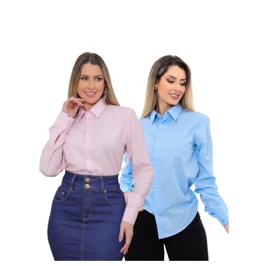 Pthirillo, KIT Feminino 2 Peças - Camisa Social Premium Tipo Linho Azul Claro e Camisa Social Slim Rosa Tamanho:M