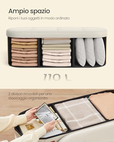 Songmics Cassapanca, Pouf Contenitore, Poggiapiedi Pieghevole, Montaggio Facile, Per Soggiorno, Ingresso, Camera Da Letto, In Velluto, Capacità110 L, 38 X 110 X 38 Cm, Bianco Crema LSF297LH01 - 6