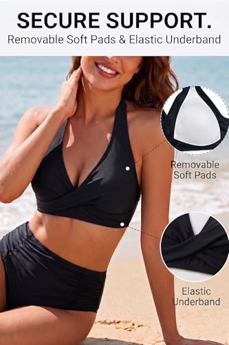 Image of Holipick Women Halter Bikini Tops - Push Up Bathing Suit Top V Neck Full Coverage Swimsuit Top Only