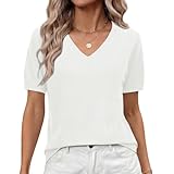 Elesomo Damen Kurzarm Pullover Sommer V-Ausschnitt Strickpullover Casual...