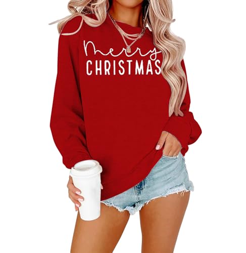 ECYJIO Christmas Sweatshirts For Women Xmas Sweater Merry Christmas Letter Printed Sweatshirt Holiday Long Sleeve Tops Red