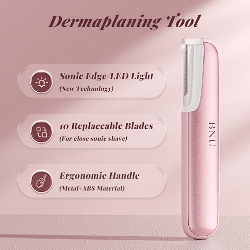 Dermaplane Razor for Women Face, BNU Facial Hair Remover for Anti-Aging, Rechargeable, LED Light, Sonic Edges, 3 Speeds, Ergonomic Handle Face Dermaplaning Tool 10 Blades Pink by BNU - Image 2