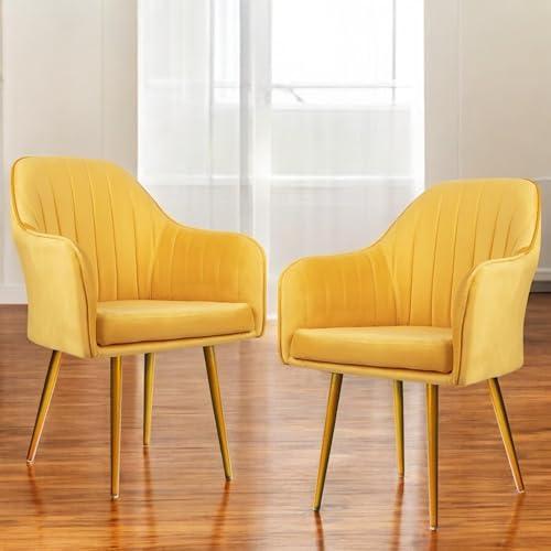 Image of Set of 2 Accent Chair for Living Room | Modern Armchair in Soft Velvet Fabric with Sturdy Legs | Premium Chair for Home Living Room Bedroom Restaurent | (Gold Legs, Yellow)