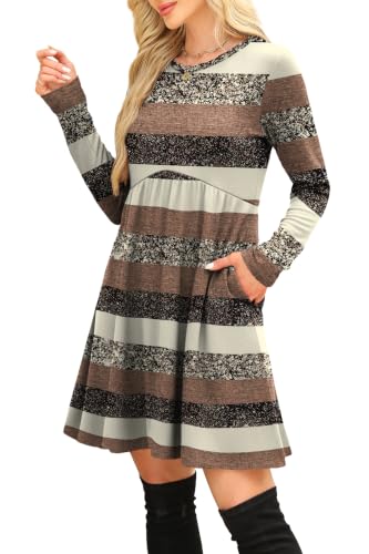 Image of OFEEFAN Long Sleeve Dress for Women Crew Neck Empire Waist Tunic Dress with Pockets