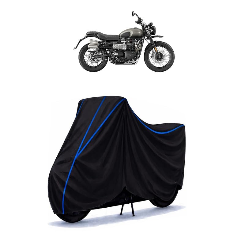 Image of Triumph Street Scrambler Bike Cover Water Resistant Universal Motorcycle Rain | Heavy Duty UV Protection, Dust, Scratch Indoor Outdoor All Weather with Black Blue Piping Elastic