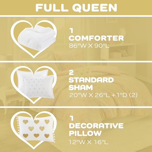 Image of Intelligent Design Queen Comforter Set, 4 Piece Metallic Hearts Bedroom Set for Girls, Queen Bed Set Soft Plush Comforter, Rosalie All Season Fluffy Bedding Set, Full /Queen, White /Gold 4 Piece